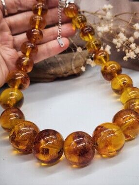 Amber Necklace 14K white Gold-plated Chain Beaded Polished Honey Cognac Amber